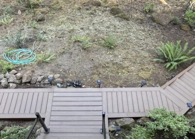 A wooden walkway in a backyard